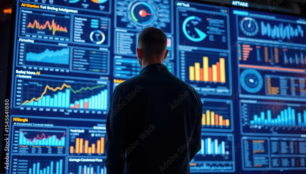 Analyst Examining Financial Data on a Complex Display Monitor Interface Analyst Examining Financial Data on a Complex Display Monitor Interface