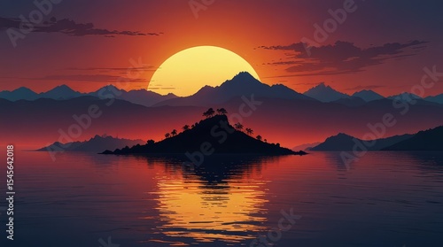 Serene Sunset Landscape Mountains Island Ocean Tranquil Nature Scenery