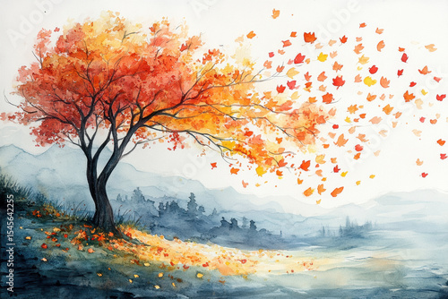 A tree with fall leaves in a painting.