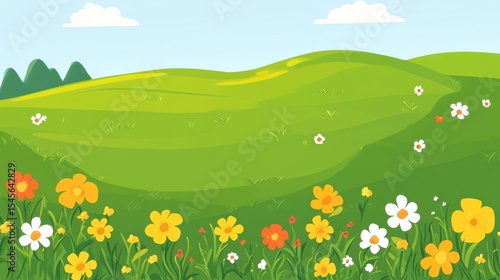 a green hilltop with vibrant grass and flowers, the perfect background for a web banner promoting