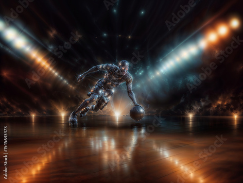 Cybernetic Basketball Athlete in Dramatic Action on Futuristic Court
