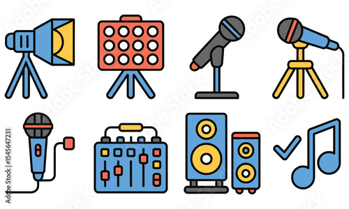 Flat Vector Icon Set for Lighting and Sound Equipment

