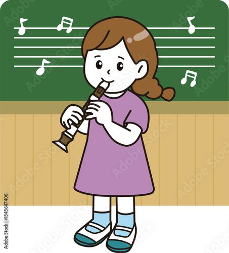 音楽の授業_リコーダー
This is an illustration of a child learning music. A child playing a recorder.