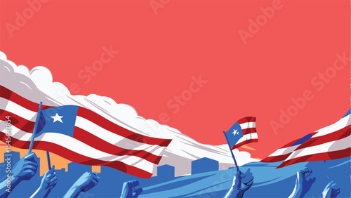 Illustration of crowd waving flags with red and white stripes and blue star against a red background