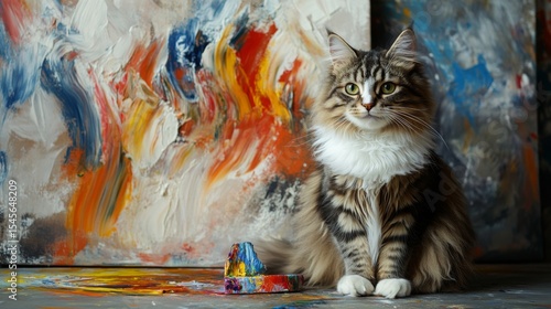 Fototapeta Naklejka Na Ścianę i Meble -  Cat poses elegantly beside colorful abstract paintings in a creative studio setting during daylight hours