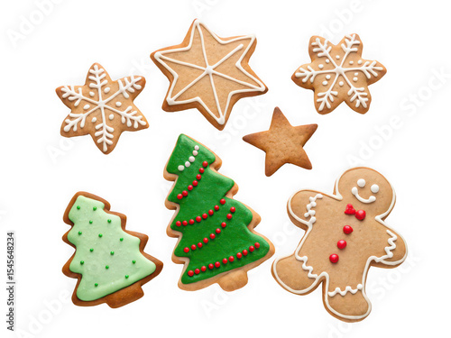 Assorted Christmas gingerbread cookies: stars, snowflakes, trees, and a gingerbread man