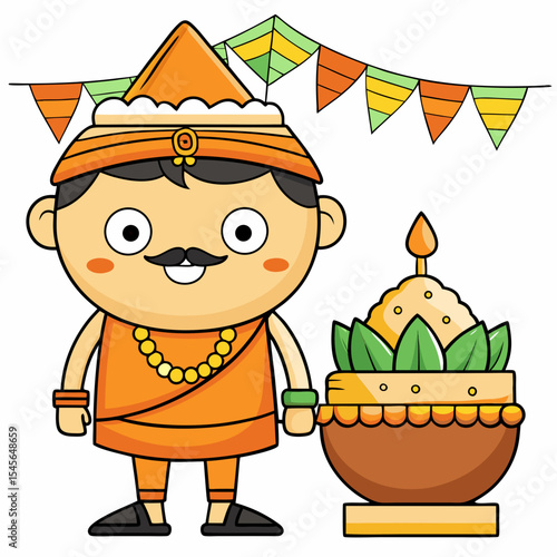 Pongal festival celebrations with traditional decorations on white background  