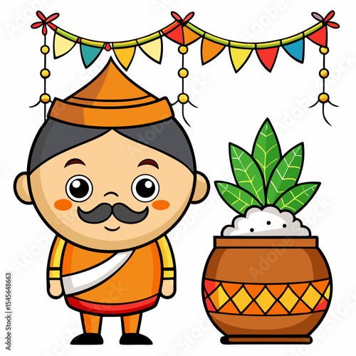 Pongal festival celebrations with traditional decorations on white background  