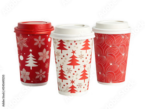 Three festive Christmas coffee cups with red and white snowflake and tree designs