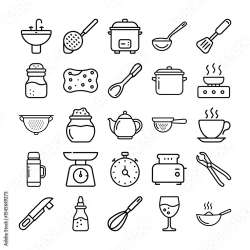 Collection of Kitchen Utensils and Appliances in Line Art Style