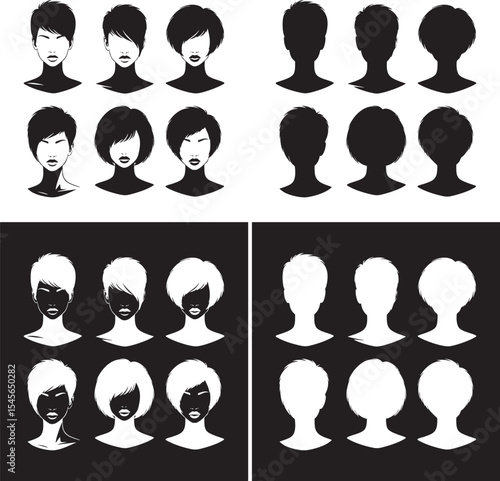 Set of female head and bust silhouettes with various short hairstyles in black and white, and vice versa background variations