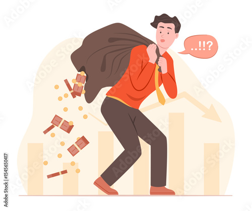 Businessman Holding Ripped Money Bag and Losing Money Bundle with Coins Spilling Out for Bankruptcy, Financial Crisis and Recession Concept Illustration Clip Art 