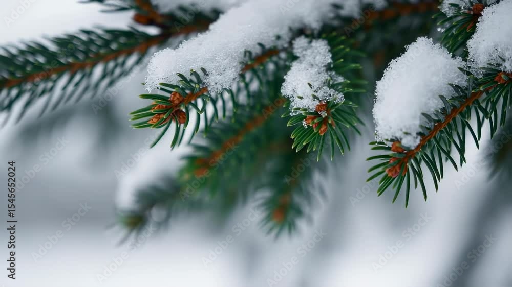Snow-Covered Spruce Branches: Winter Season Serenity in a Forest Setting with Selective Focus Snow-Covered Spruce Branches: Winter Season Serenity in a Forest Setting with Selective Focus