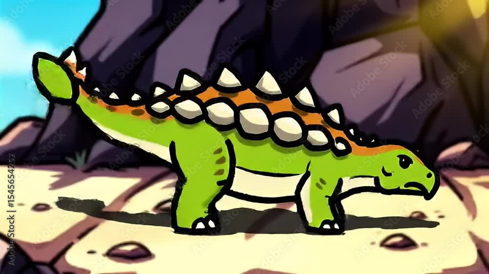 Spiky, green cartoon ankylosaurus walking in a stylized, bright landscape Spiky, green cartoon ankylosaurus walking in a stylized, bright landscape