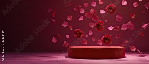 Fototapeta Naklejka Na Ścianę i Meble -  Red cylindrical platform with falling roses and petals against a deep burgundy background, creating a romantic, elegant atmosphere