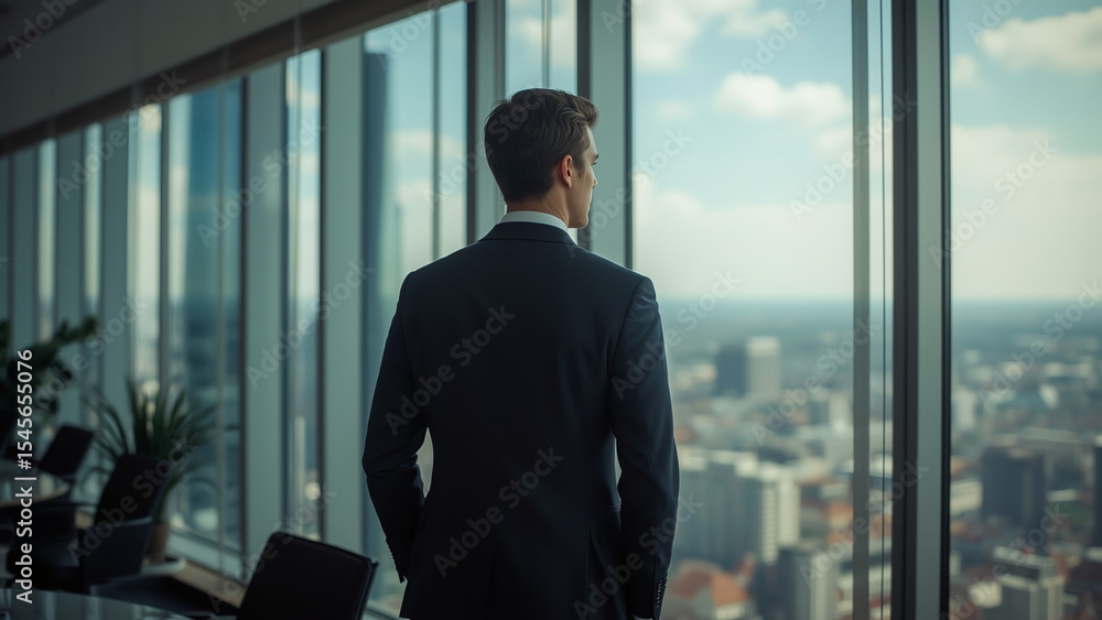Fototapeta premium Young professional man, executive, CEO, manager, wealthy male investor standing inside a large comfortable office looking out of a skyscraper window thinking about future success