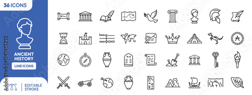 A collection of 34 line icons representing various elements and symbols related to ancient history.