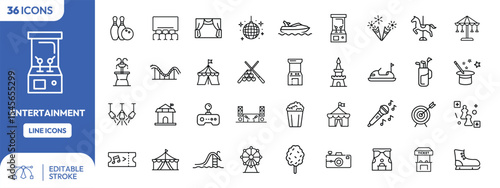 Collection of 34 entertainment line icons featuring amusement park rides, games, and attractions.