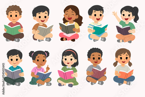 Children Reading Books Diverse Kids Enjoying Storytime