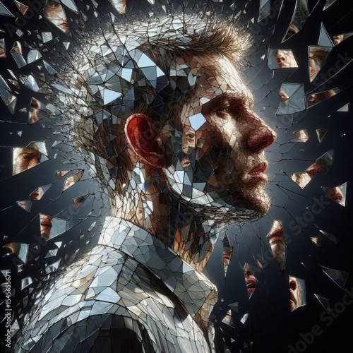 A portrait made entirely of cracked mirror shards each fragment