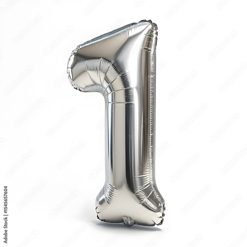 Obraz premium A balloon shaped like the number 1 ,silver metallic finish with realistic reflections and smooth texture.