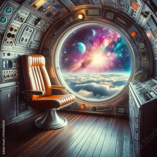A nostalgic s space capsule with surreal cosmic views outside th