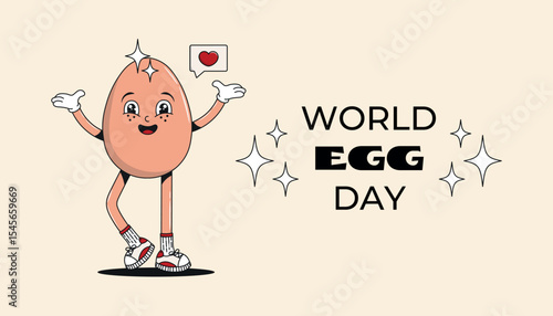 Funky groovy vector illustration for World Egg Day. Banner with smiling egg retro cartoon character, mascot for posters, cards, website and social media.