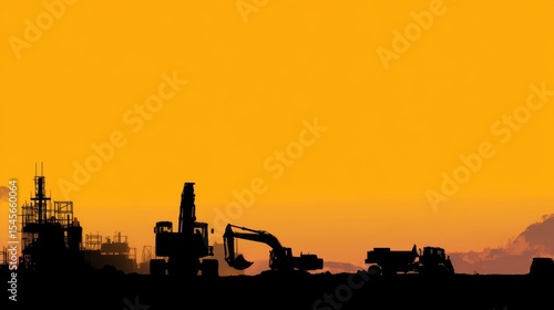 Construction equipment silhouetted at sunset industrial site photography urban environment landscape view machinery concept