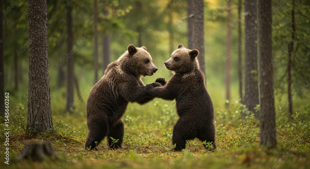 Fototapeta premium Two young brown bears standing on their hind legs in a forest, facing each other