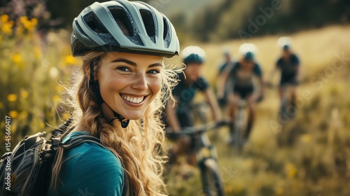 Female mountain biker with friends in meadow, spacious composition, group talking in background