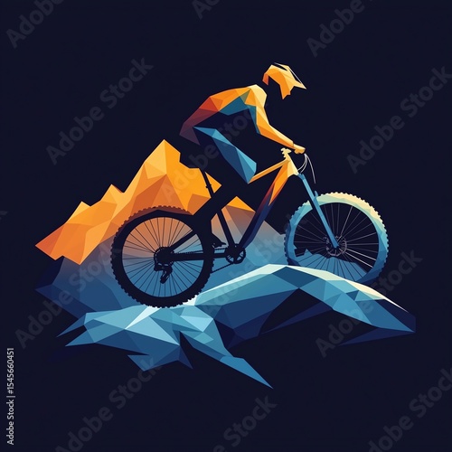 Abstract low polygonal mountain biking logo with geometric modern design and copy space for branding, ideal for sports brands and identity projects