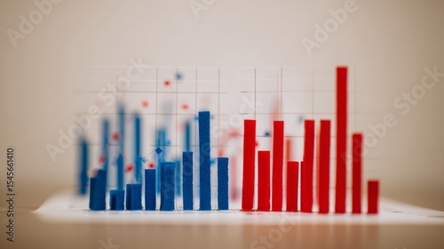 Close-up of red and blue bar chart representing political polling data, election results or voting statistics. Political analysis, democratic process and public opinion research concept.