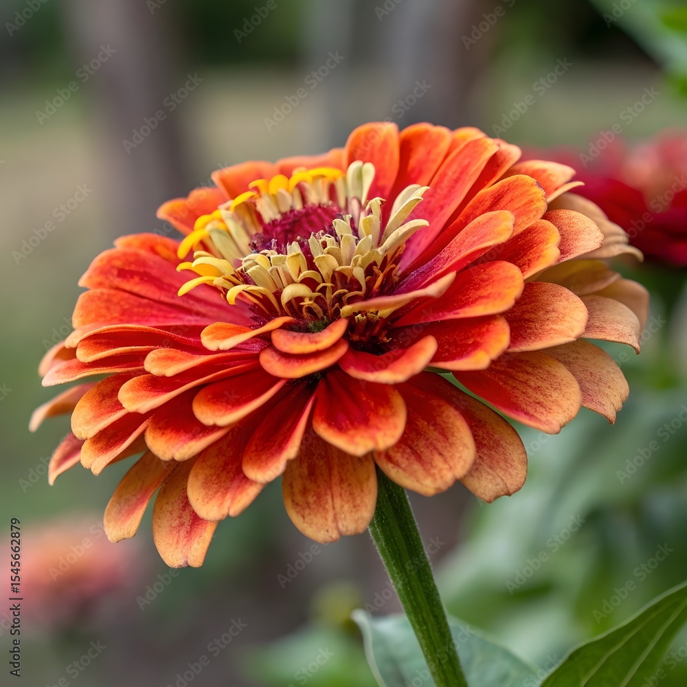 A close-up of a vibrant orange and yellow zinnia flower with green leaves in the background. The flower has multiple layers of petals and a round, dense center. A close-up of a vibrant orange and yellow zinnia flower with green leaves in the background. The flower has multiple layers of petals and a round, dense center.