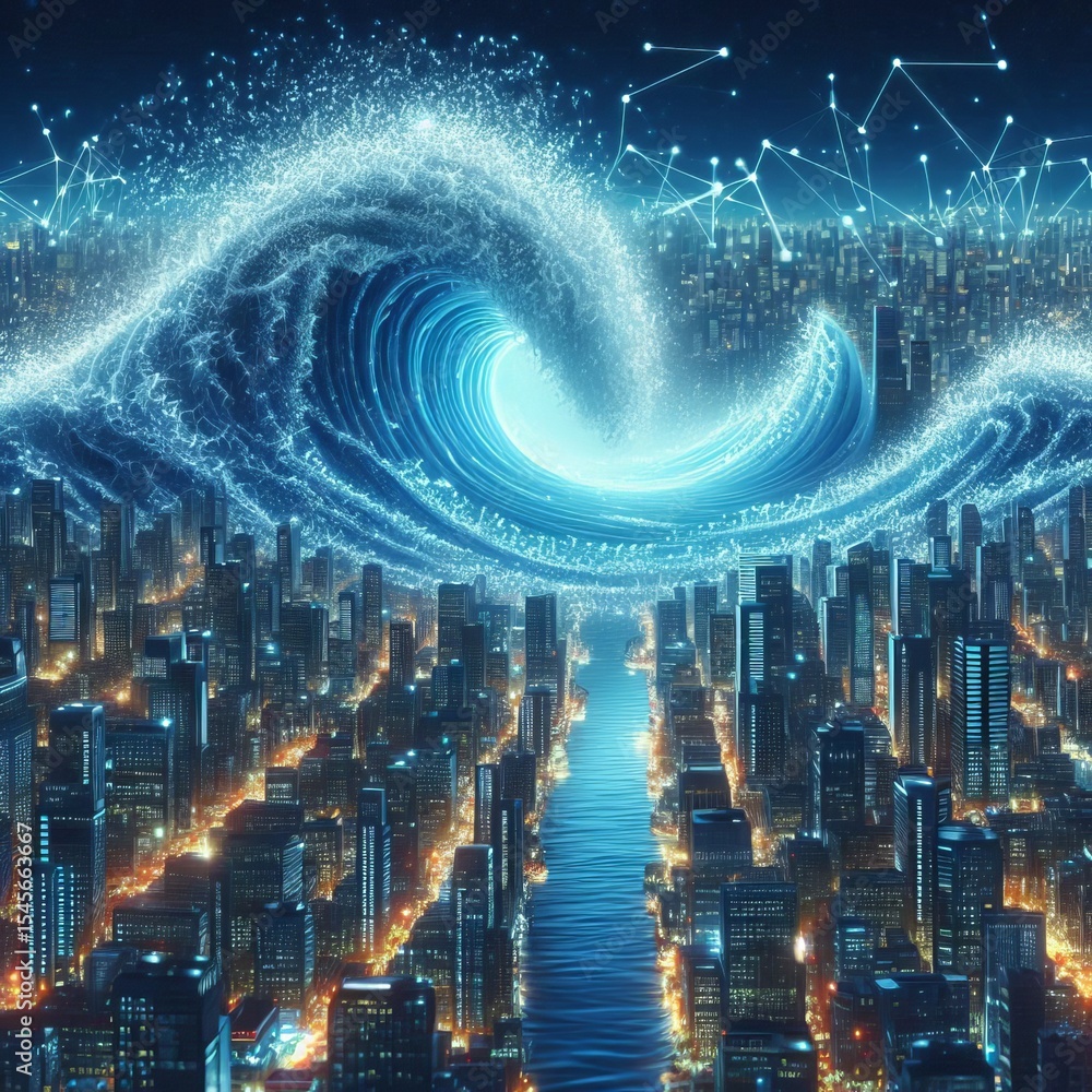 Obraz premium Digital tsunami wave—AI generated wave of pixels crashing over