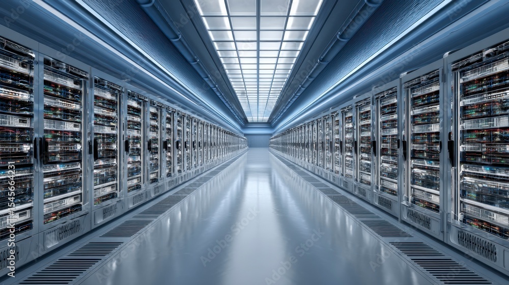 Obraz premium Overhead View of a Large Data Center Floor with Technology Equipment