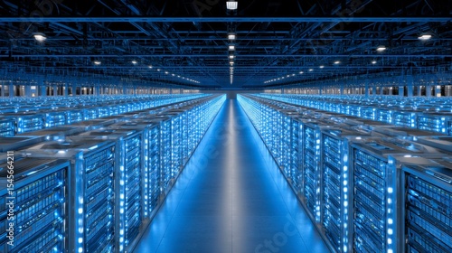 Overhead View of Massive Data Center Floor with Blue Lighting