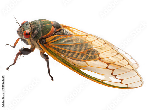 Close-up of a vibrant green and orange cicada insect with translucent wings against a black background