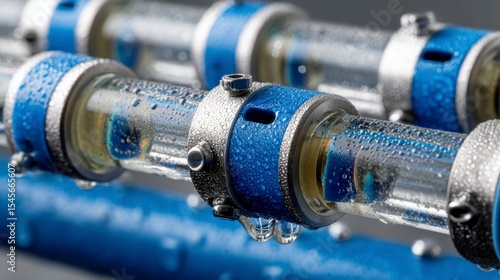 Close-Up of Liquid Cooling System Pipes with Water Droplets