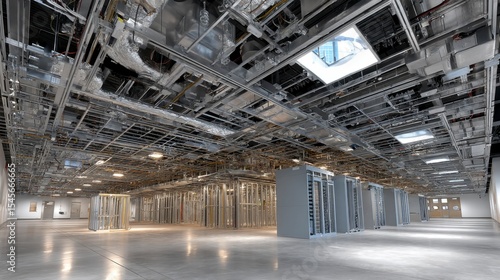 Wide Shot of Data Center Construction with Exposed Framework and Ceiling