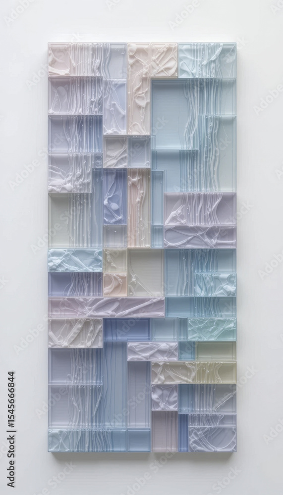 Obraz premium This features modern abstract art piece composed of layered, translucent panels in pastel shades of blue, pink, and beige. geometric arrangement creates textured, three dimensional effect