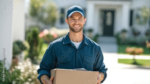 Delivery service smiling courier with package residential neighborhood daylight outdoor positive vibe