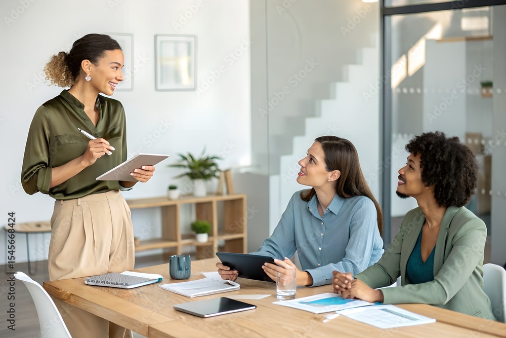 Confident businesswoman presenting project to diverse team in modern office. Confident businesswoman presenting project to diverse team in modern office.