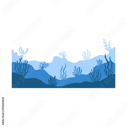 Sea underwater landscape background. Ocean bottom with seaweeds. Vector marine scene.