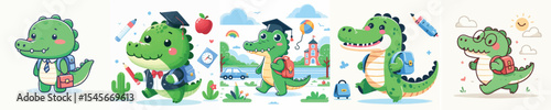 cute crocodile vector going to school