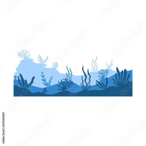 Sea underwater landscape background. Ocean bottom with seaweeds. Vector marine scene.