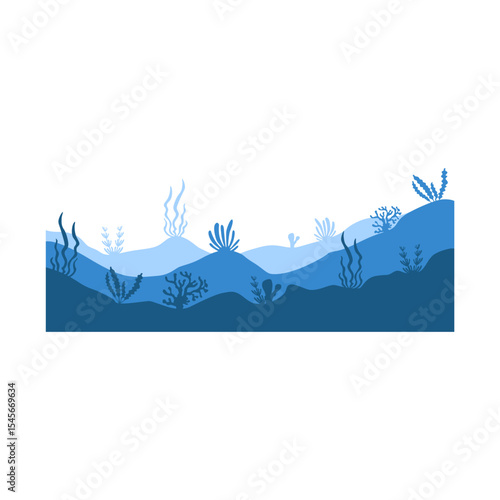 Sea underwater landscape background. Ocean bottom with seaweeds. Vector marine scene.