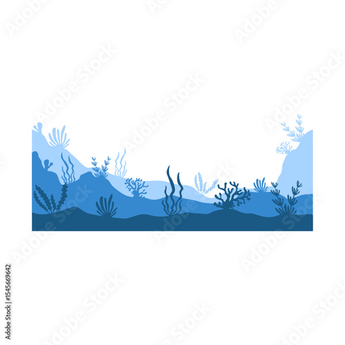 Sea underwater landscape background. Ocean bottom with seaweeds. Vector marine scene.