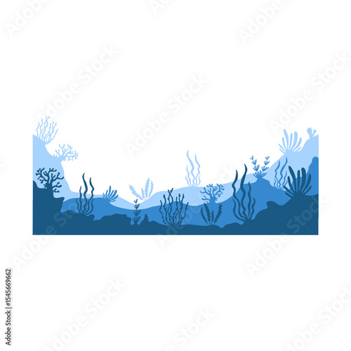 Sea underwater landscape background. Ocean bottom with seaweeds. Vector marine scene.
