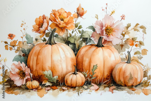 Watercolor painting of pumpkins and flowers.