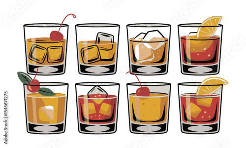 Modern vector illustration featuring classic whiskey-based cocktails in short, ice cubes, lemon slice and cherry garnish in lowball glasses, easily editable and scalable.